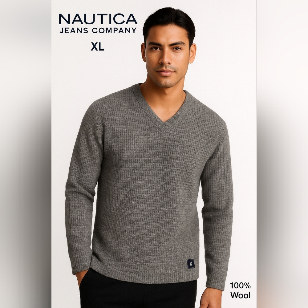 Nautica Men’s Gray Wool Ribbed V-Neck Sweater Size XL